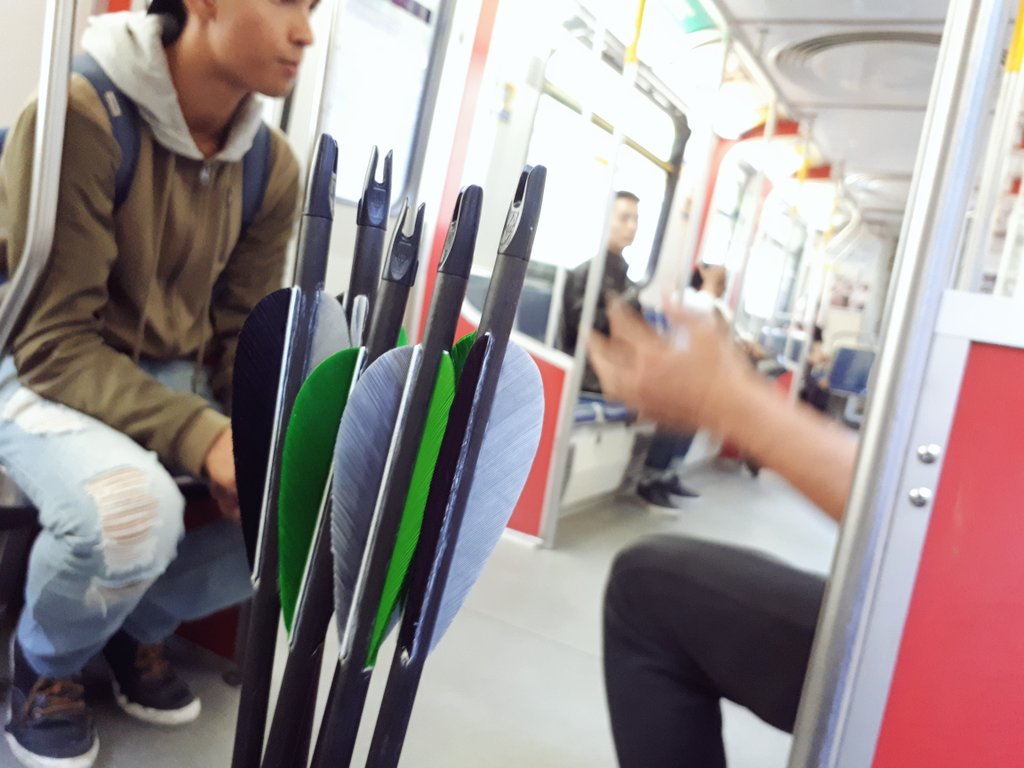 On our way to archery class at <a href="/LykopisArchery/">Lykopis Archery</a> in Vancouver! Custom arrows and break down bow in my back pack #urban #adventure #arrow
