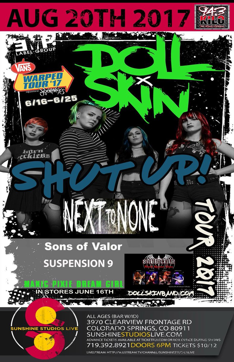 teamdollskin's tweet photo. TONIGHT: #ShutUpTour hits COLORADO SPRINGS! All ages 💥 Doors @ 6 🤘🏻✖️ #dollskin #dollskinband TIX: https://t.co/QH8oJL28Fx https://t.co/YqiAGJaMVZ