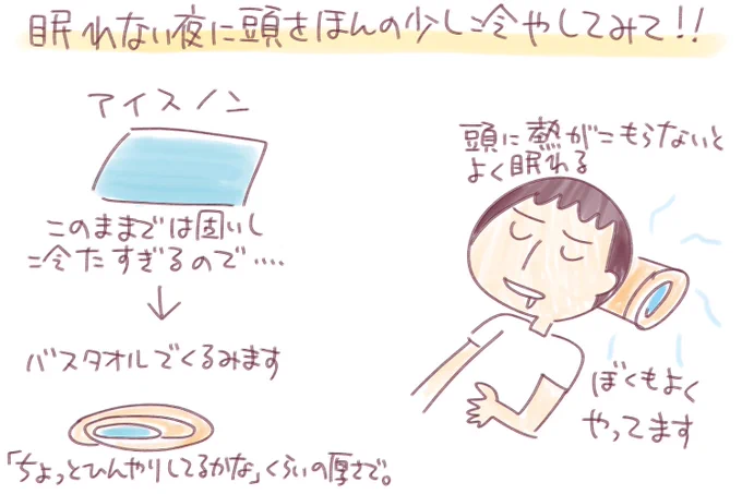 体をいいかんじに扱うコツ

頭を冷やすと眠りやすくなるよ。おれは９月の末くらいまでやっている

夏の寝苦しさを即解消！？今すぐ睡眠クオリティをあげるコツはこれだ！
 