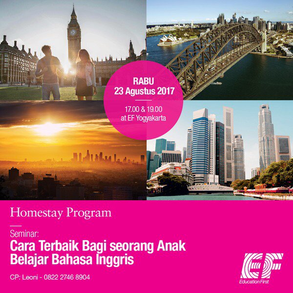 Tertarik utk belajar Bahasa Inggris di luar negeri? Hadiri Seminar Homestay Program di EF Yogyakarta. Rabu 23 Agustus pk 17.00&amp;19.00. FREE!