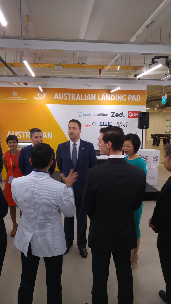 Happening right now. Minister <a href="/StevenCiobo/">Steven Ciobo</a> visits the Landing Pad at BASH alongside SMS Sim Ann. <a href="/Austrade/">Austrade</a> <a href="/MTI_Sg/">MTI Singapore</a>