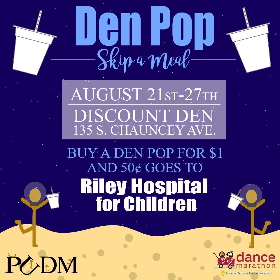 PUDM's tweet photo. No syllabus week is complete without a Den Pop! Buy a Den Pop for $1 and 50 cents goes to Riley! https://t.co/NaX6LE1lDj