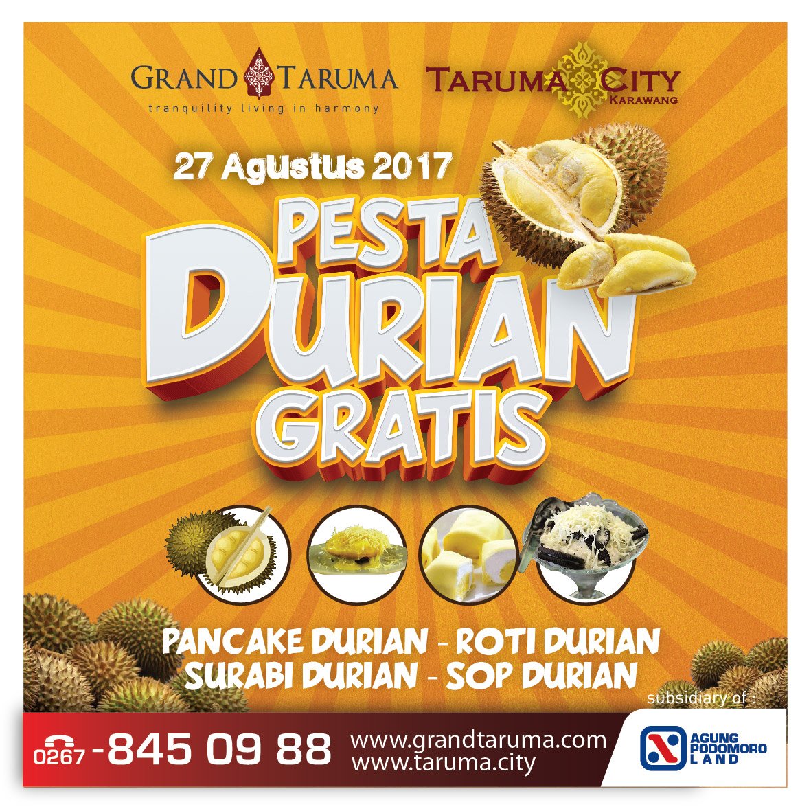 grandtaruma's tweet photo. Datang dan Nikmati "Pesta Durian Gratis" 27 Agustus 2017 @ Marketing Gallery Grand taruma, Jangan Sampai Ketinggalan Gratis tis tis !!...i https://t.co/hcQEIJ3M5i