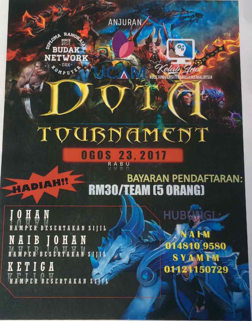 najuwawaa's tweet photo. ‼️ DOTA TOURNAMENT ‼️

Date : 23 Ogos 2017 (final)
Call time : 9 a.m
Location: MK3 
1 team//5 person

@TwtUCAM https://t.co/4FWA13sfhe