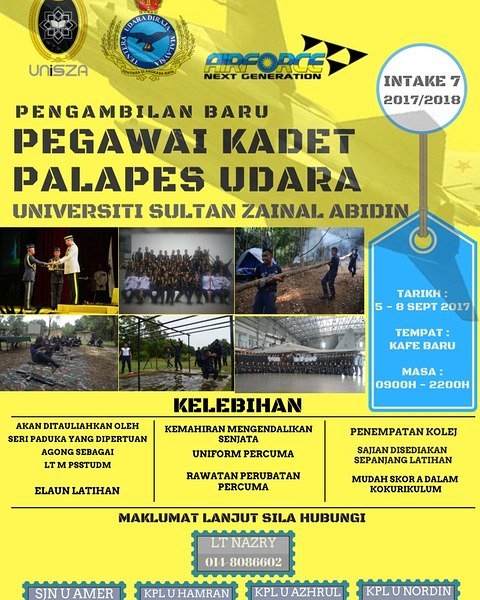 ukhtiamni14's tweet photo. Jom cabar diri anda dengan menyertai pasukan PALAPES UDARA UNISZA ! #intake7 #uniszapastitahu #rotuairforceunisza https://t.co/iKyt3rTcRp
