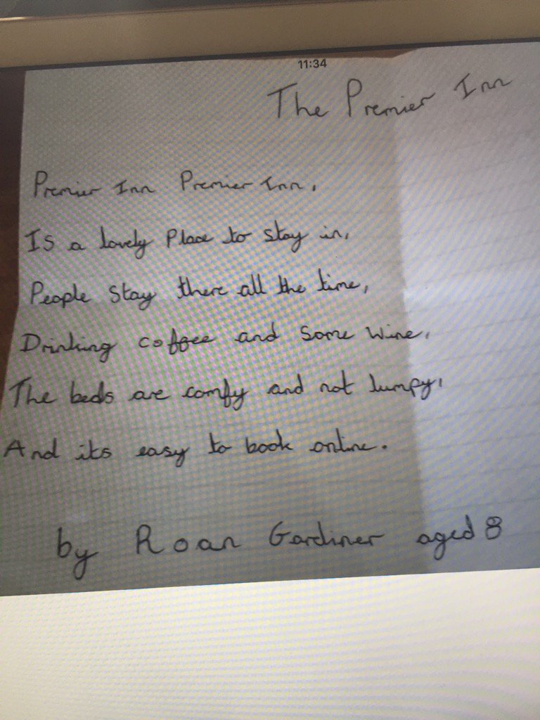 To all the team, see a poem by Roan Gardiner, a fan of our hotels. Please like to show our appreciation.
<a href="/premierinn/">Premier Inn</a>
