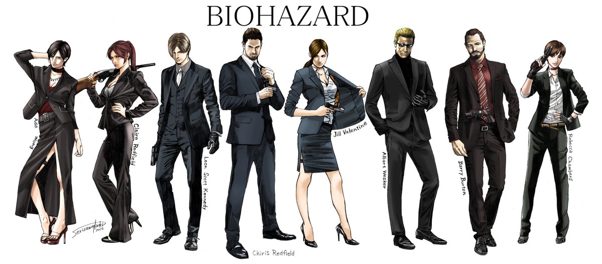 芹沢 直樹 Biohazard ブラックスーツ集合絵 バリーとレベッカ追加 バリーとレベッカはなんとなく右側に配置したかったので レオンの立ち位置が真ん中にならず申し訳ない 今後も人数増やしていく予定だけど 横並びにするとどんどん絵が小さく 笑 次は