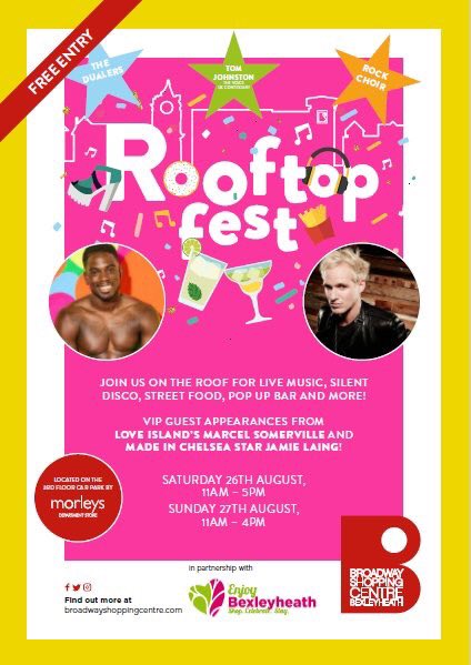 Whose looking forward to meeting <a href="/marcel_rockyb/">MARCEL</a> and <a href="/JamieLaing_UK/">Jamie Laing</a> on Saturday at our Rooftop Fest in partnership with <a href="/BexleyheathTown/">Enjoy Bexleyheath</a>! 🎉