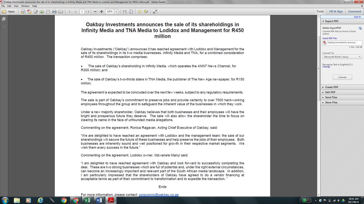 Oakbay Investments announces the sale of its shareholdings in Infinity Media and TNA Media to Lodidox and Management for R450 million