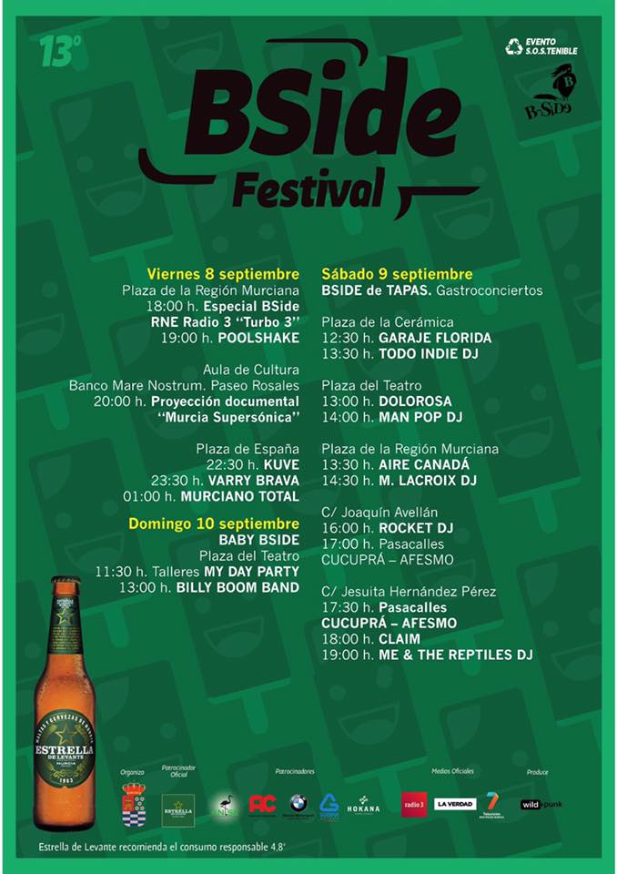 ¡Horarios oficiales para el #BSideFestival! El viernes 8 de septiembre <a href="/MurSupersonica/">Murcia Supersónica</a> en el aula de cultura Banco Mare Nostrum a las 20:00
