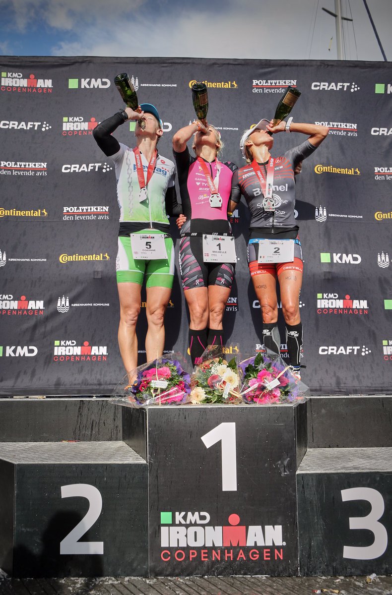 CorinneAbraham's tweet photo. Champagne days w. @VesterbyTri &amp; @sofiegoos 😁🍾🥂Big thankyou to all @KMDIronmanCPH volunteers who were out in pouring rain. Proper heros! https://t.co/kBjESXDJON