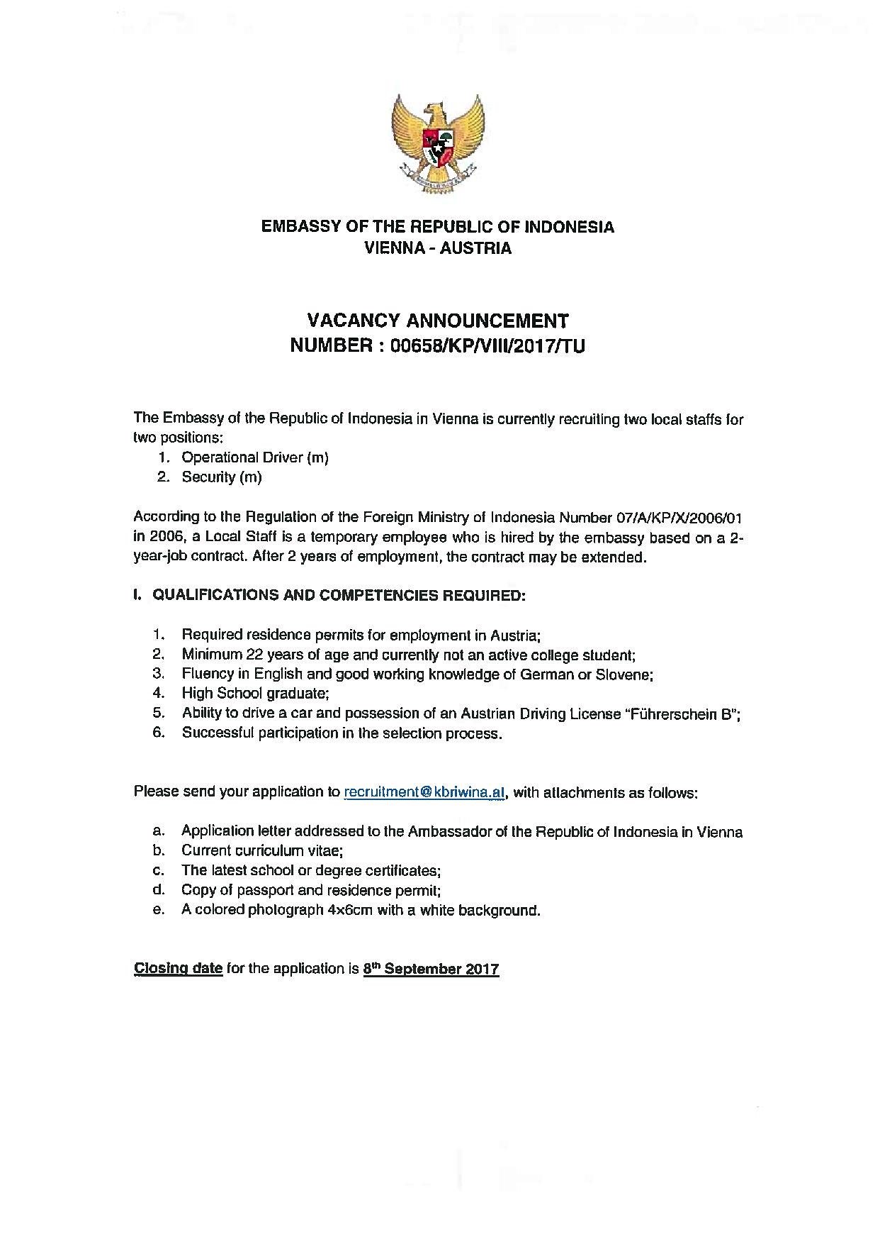 Indonesian Embassy in Vienna on Twitter "Job Vacancies at the Embassy
