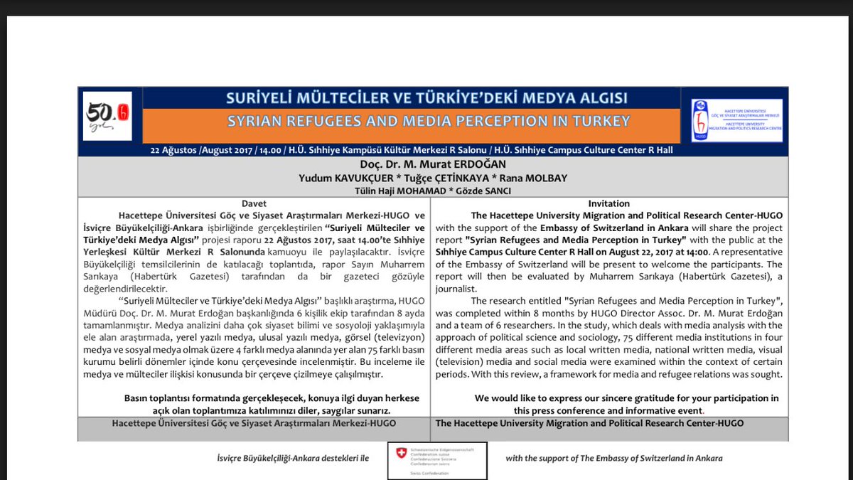 <a href="/HUGO_Ankara/">HUGO_Ankara</a> "Suriyeli Mülteciler ve Türk Medyasının Algısı" başlıklı son araştırmasını kamuoyu ile yarın paylaşıyor <a href="/Hacettepe1967/">Hacettepe Üniversitesi</a>