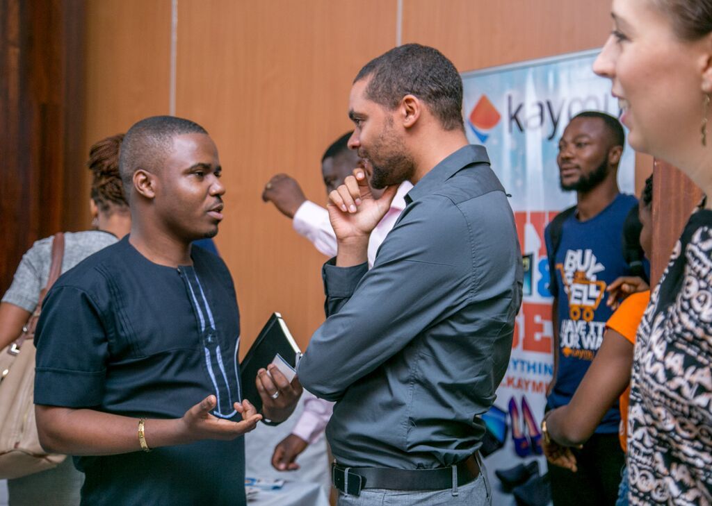 StartupLagos's tweet photo. #Throwback #LSW15 @markessien Founder @hotelsng Having a chat - Startup Exhibition Ecommerce Breakfast  #Startuplagos https://t.co/7AJagllCeN