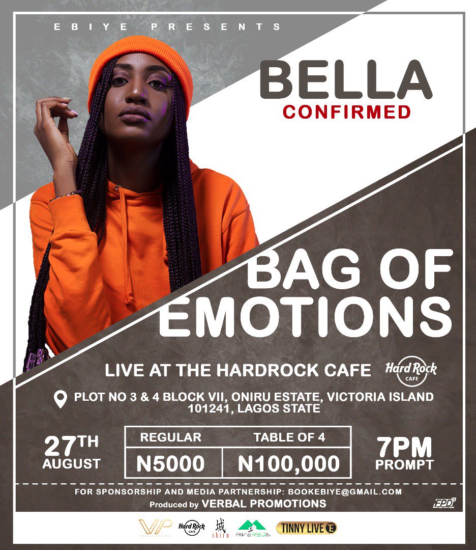 AramideOyekunle's tweet photo. TINNY Ent. First Lady @BellaAlubo Confirmed for #BagsOfEmotions
Host: @ComedianEbiye
LIVE at The HardRock Café.
#TinnyEntertainment https://t.co/Co7HHW7CEh