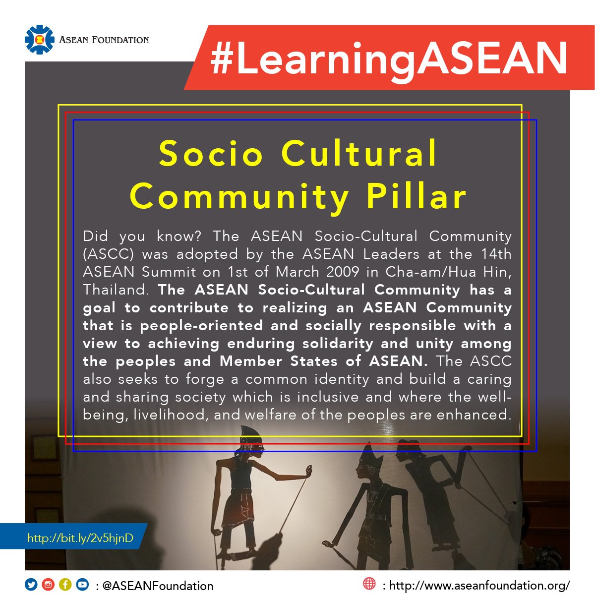 aseanfoundation's tweet photo. #LearningASEAN ASEAN Socio Cultural Community Pillar was adopted by the ASEAN Leaders in Thailand. Read more @ https://t.co/2ZUea2HLDw https://t.co/k4O6zakzQL