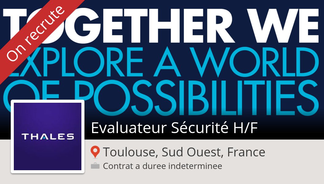 BVoile's tweet photo. Dรฉcouvrez ce #job : #Evaluateur #Sรฉcuritรฉ H/F chez #Thales (#ToulouseSudOuestFrance) https://t.co/etWTVBzl4b https://t.co/d6RzDXTOkI