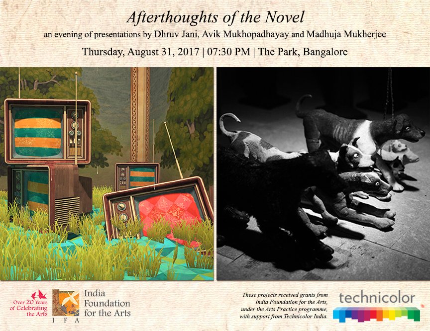 IndiaIFA's tweet photo. Afterthoughts of the Novel, an evening of presentations by our grantees Dhruv Jani, Avik Mukhopadhyay and Madhuja Mukherjee #IFA #IFAEvent https://t.co/WDci5ltr9a