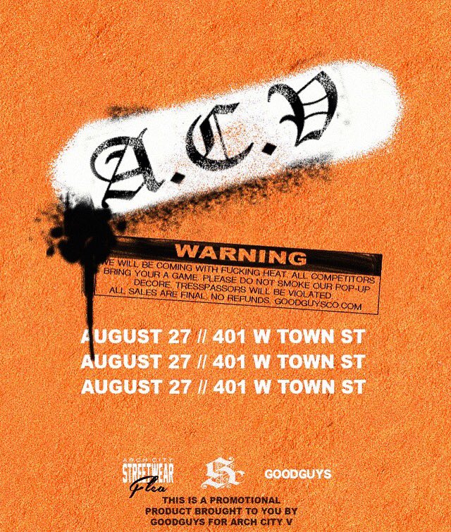 goodguysco's tweet photo. ☣️GOODGUYS for ARCH CITY V☣️

August 27th GOODGUYS &amp; Co.® will be re installing a Pop-Up booth at ARCH CITY STREETWEAR FLEA

#GOODGUYSCO https://t.co/A63OlhMu7c