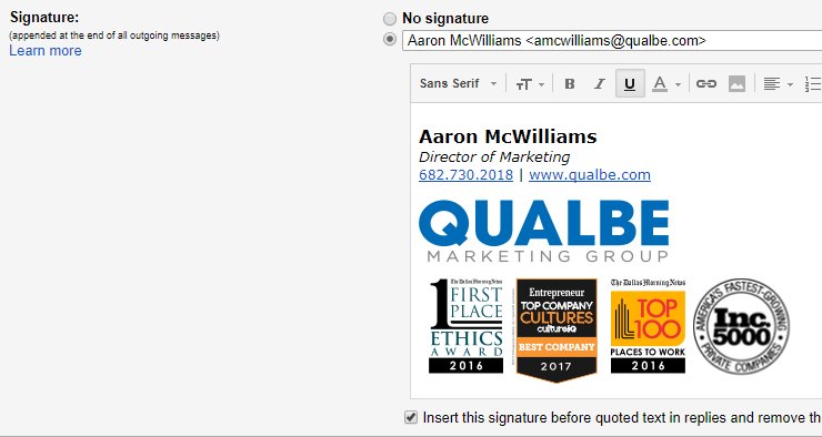 Email signature changes can be a pain, unless it's when you won another award! Congrats Qualbe on becoming an Inc. 5000 fastest-growing co.!