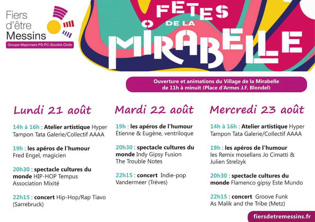 infoFEM2018's tweet photo. #FetesDeLaMirabelle 2017 : découvrez le programme des festivités du 21 au 23 août à #Metz ! #FiersdetreMessins https://t.co/3TDNXvfDux