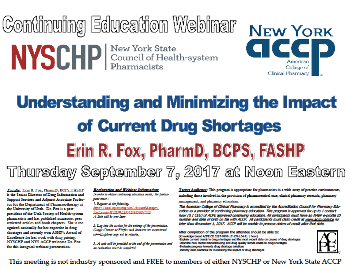 Sign up today for our upcoming (9/7/17 @ 12 ET) joint webinar with <a href="/NYSCHP/">NYSCHP</a> to hear <a href="/foxerinr/">Erin Fox</a> discuss how to deal with #drugshortages