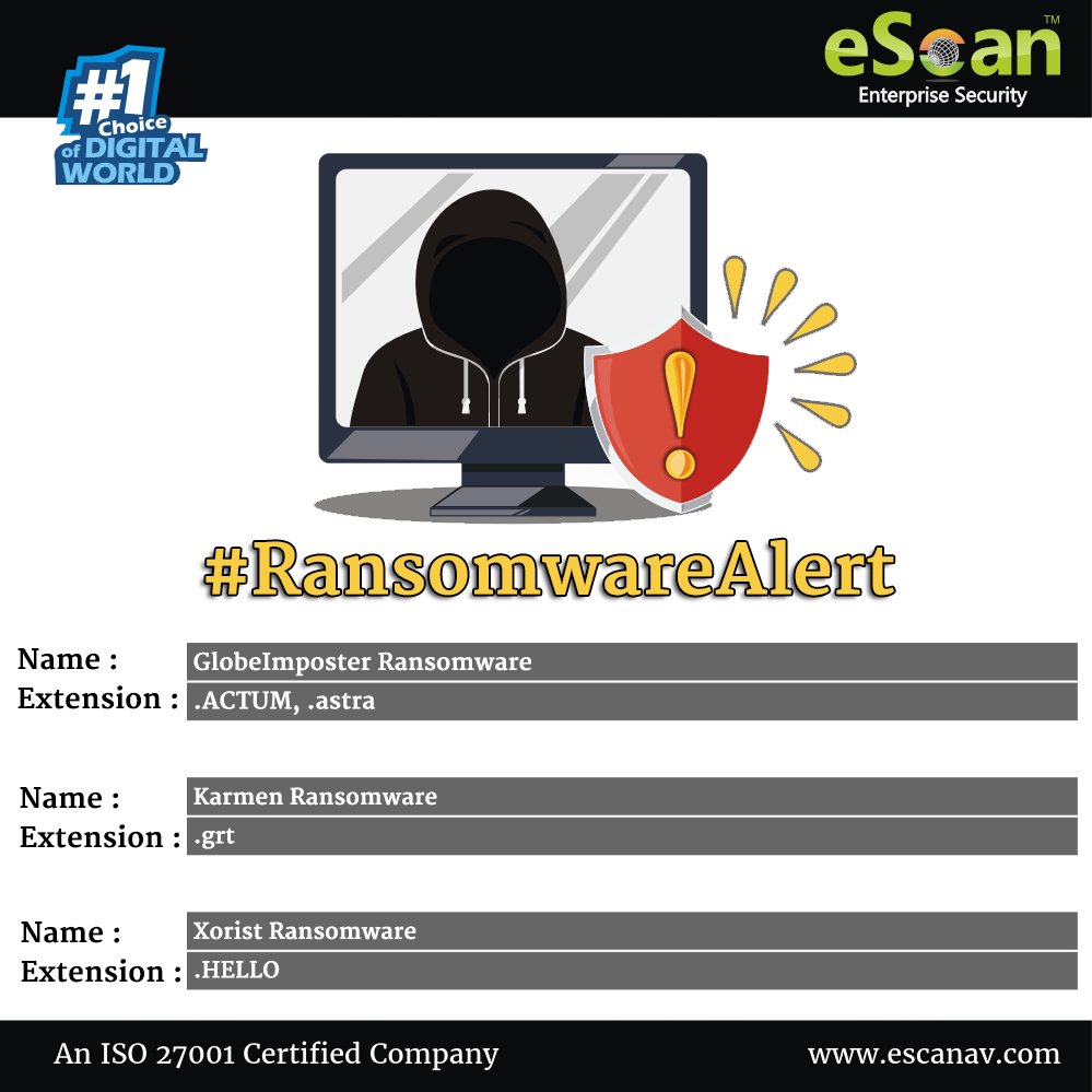 escan_tweet's tweet photo. #RansomwareAlert
#GlobeImposter extension has been changed
#Karmen #Xorist are upcoming Ransomwares
#PBAETechnology:https://t.co/6IThfmKQ0p https://t.co/G8TtGOz7Fd