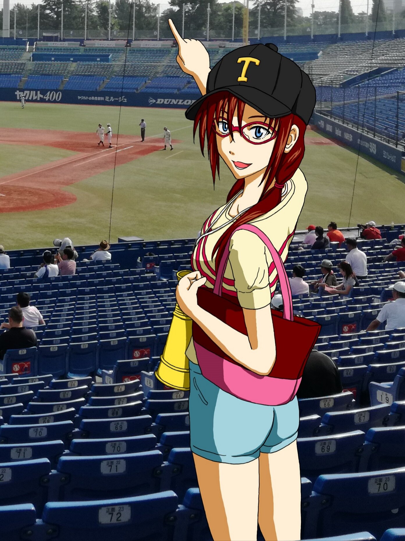 Ren 夏のイラスト かもめ るのハガキを書いて送るためにマリを描く 夏らしいものってことで 今回は高校野球をテーマに 野球 帽を被り メガホンを引っ掛けて応援の装備はバッチリ 背景は神宮球場で撮った写真を当てはめる 甲子園大会の予選に当たる