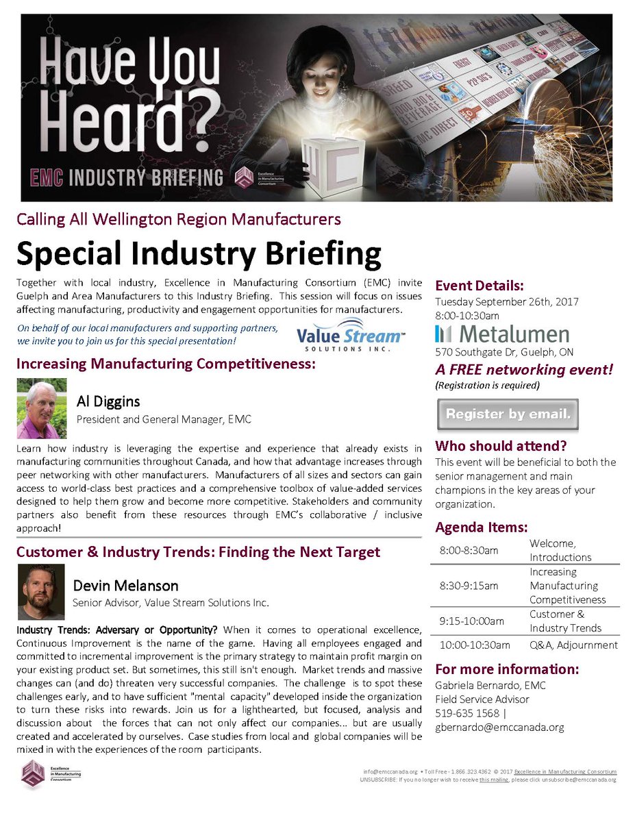 EMCCanadaMFG's tweet photo. Calling All Wellington Region Manufacturers - EMC Briefing with Value Stream Solutions#FREE-EVENT #EMC #NETWORKING  https://t.co/d50gya5ymK https://t.co/DsTrqqLoCd