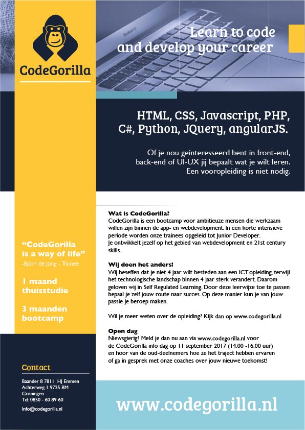 CodeGorillaNL's tweet image. Heb jij het in je om een #CodeGorilla te worden? Meld je dan nu aan voor de #bootcamp en word een Junior Developer! #webdev