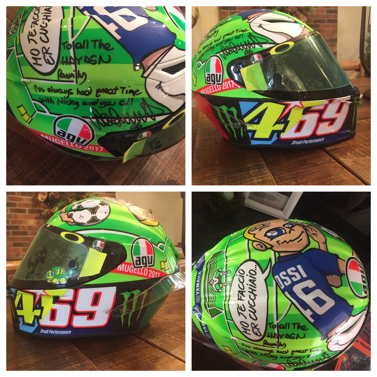 @valeyellow46 sent the family his helmet he wore @ #mugello with a nice message(top left)class act #valentinorossi #nickyhayden #46 #69 #469