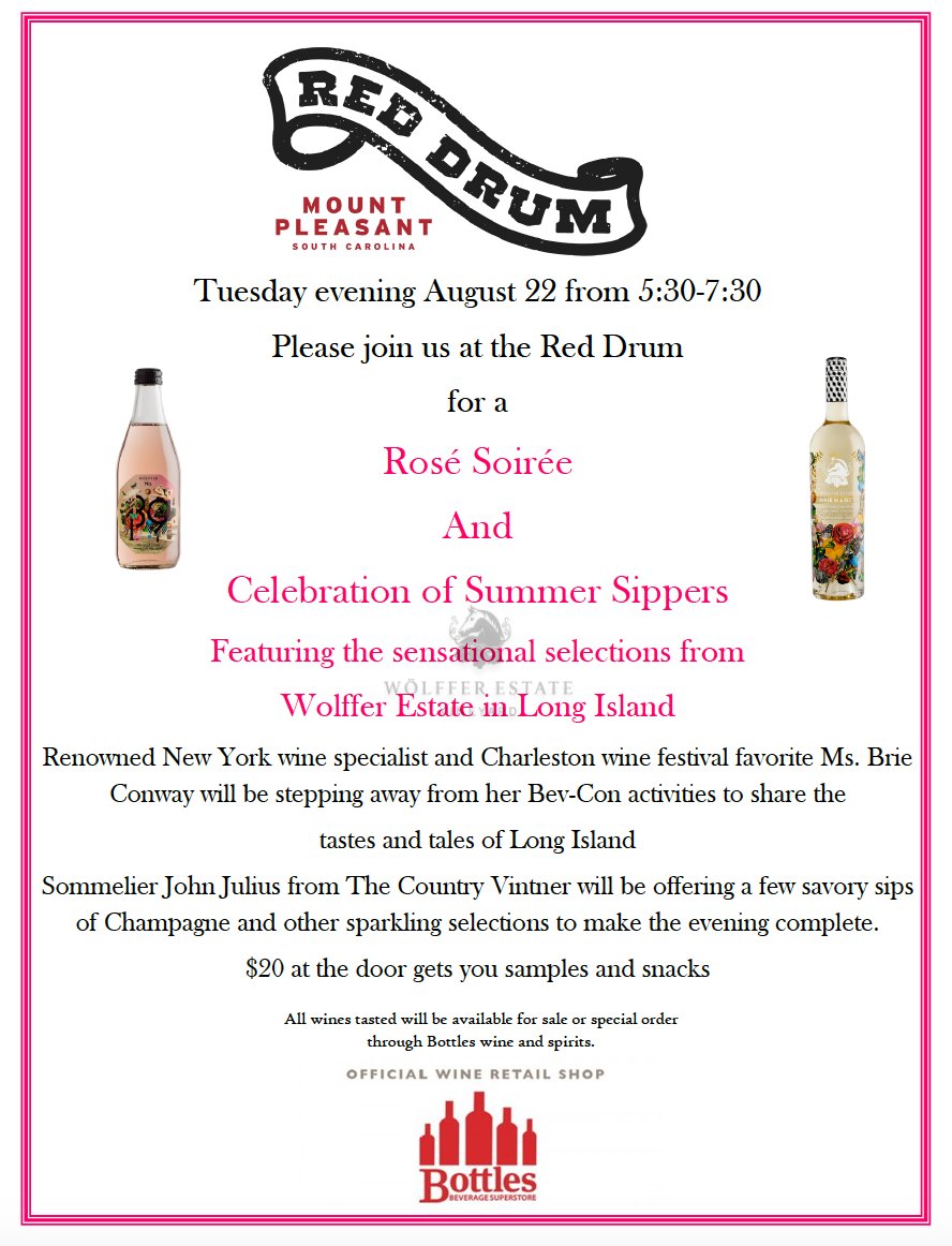 TheRedDrum's tweet photo. It's a Rosé Soirée this Tuesday with @WolfferWine - see the details below! $20 includes snacks and sips #chseats #chsdrinks @ChsWineandFood https://t.co/DduhptpEJo
