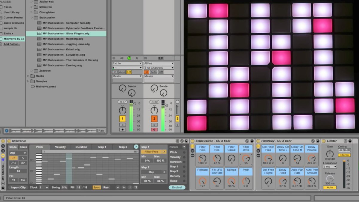 Ableton's tweet image. See the killer rhythmic possibilities of MidiVolve in a new five-part tutorial series: bit.ly/MidiVolveTutor…