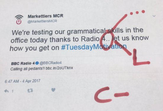 MarkettiersMCR's tweet photo. It's not Thursday, but throwback to when @JessicaMillbank tweeted about grammar with incorrect grammar. #CongratsJess https://t.co/vcUdCVoBBx