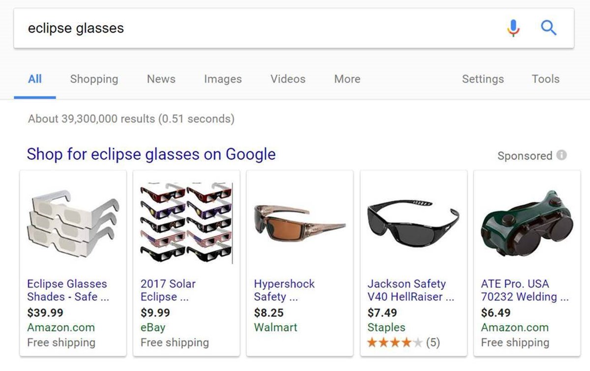 whatthe_feed's tweet photo. @amazon and @eBay leading the way on PLA’s for eclipse glasses! #Eclipse2017 #GoogleShopping #PPC https://t.co/0tx8rL9n1r