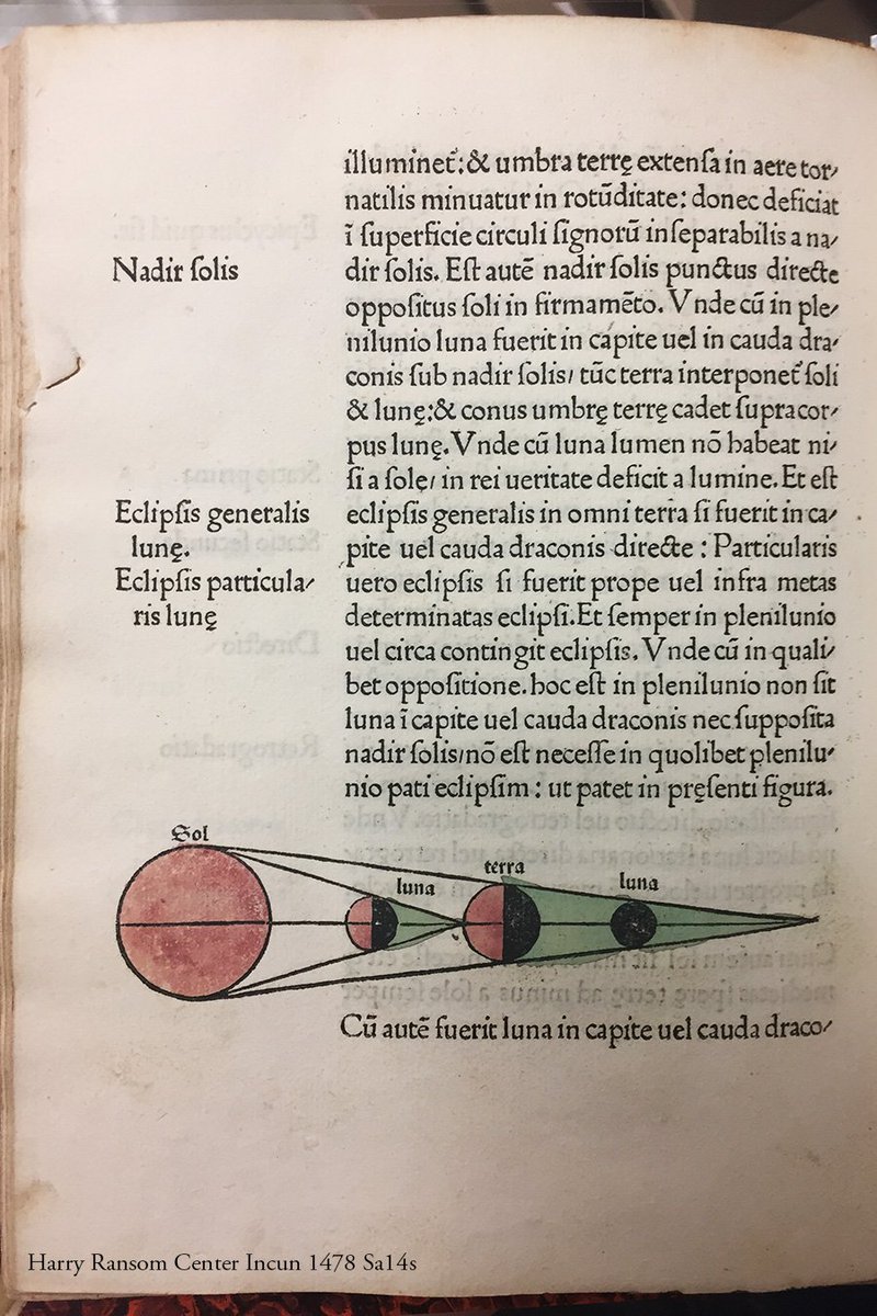 If you need a refresher on the difference between solar & lunar eclipses, @ransomcenter's 1478 Sacrobosco has your back. #SolarEclipse2017