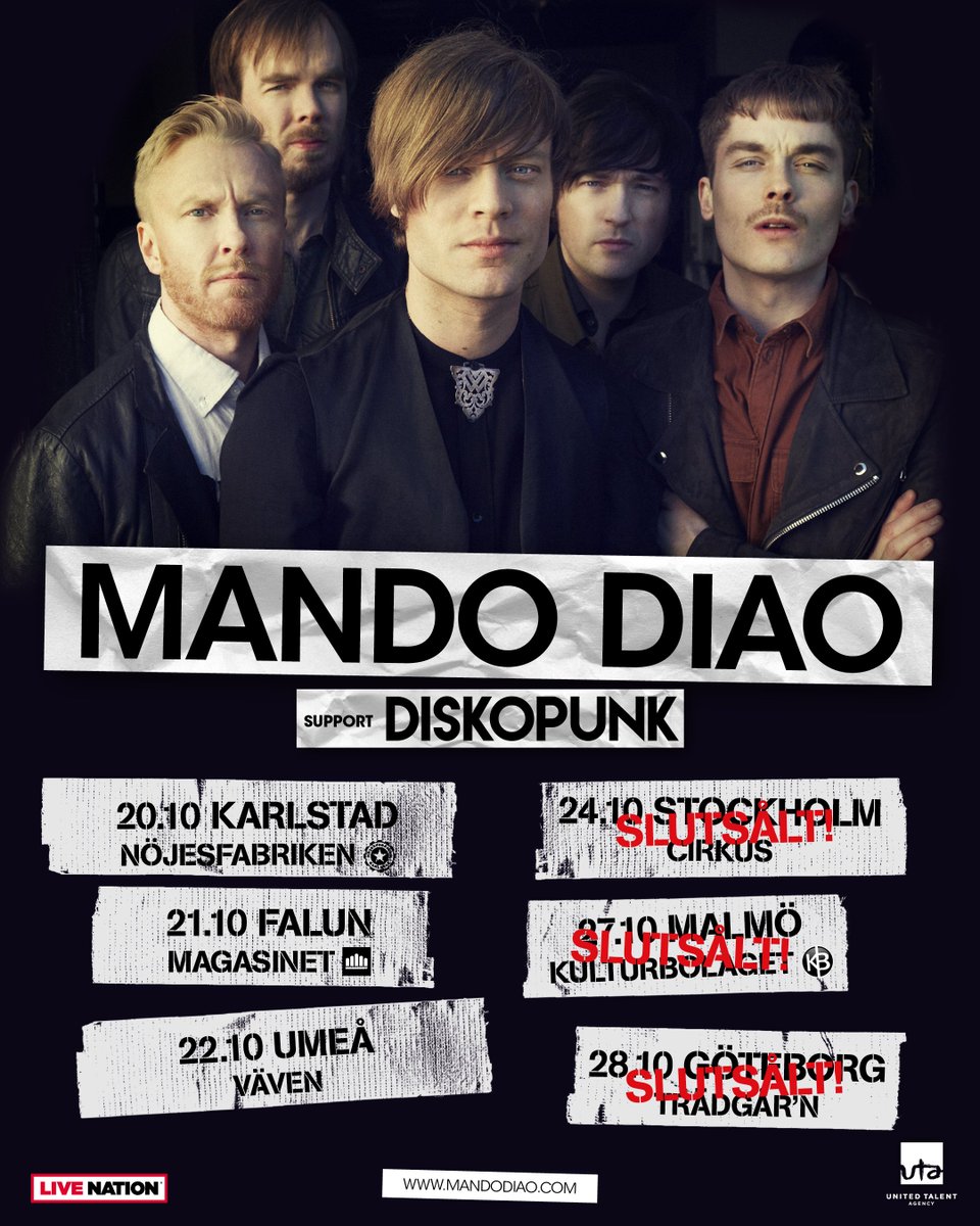 LiveNationSwe's tweet photo. Snart helt slutsålt! Ska du gå på #MandoDiao i höst?! Support: #Diskopunk Biljetter: https://t.co/KeuS1risvl https://t.co/k0RlAesDJy