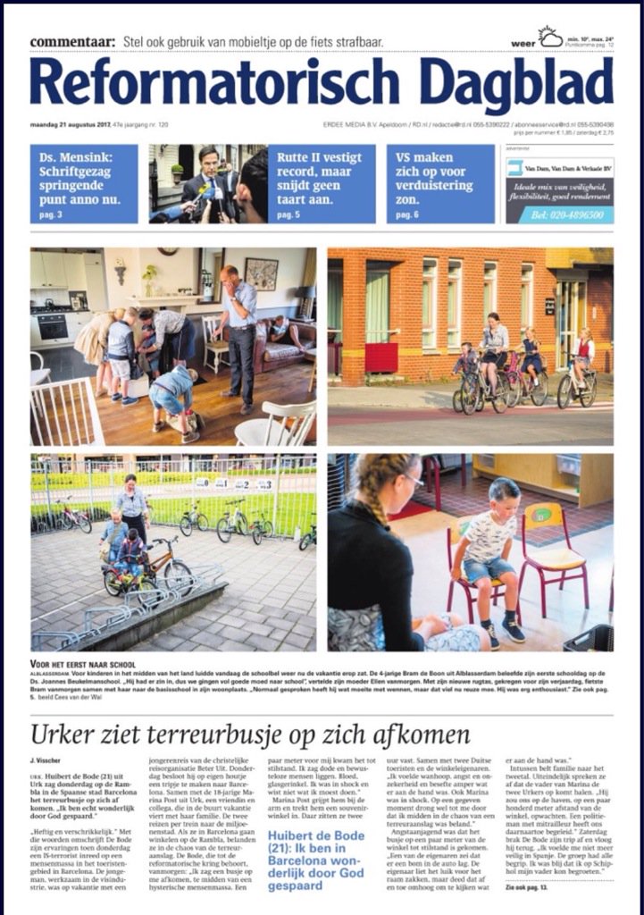 Buurjongen Huibert de Bode op de voorpagina van het <a href="/refdag/">RD.nl</a> over Gods bewaring tijdens de aanslag in #Barcelona.