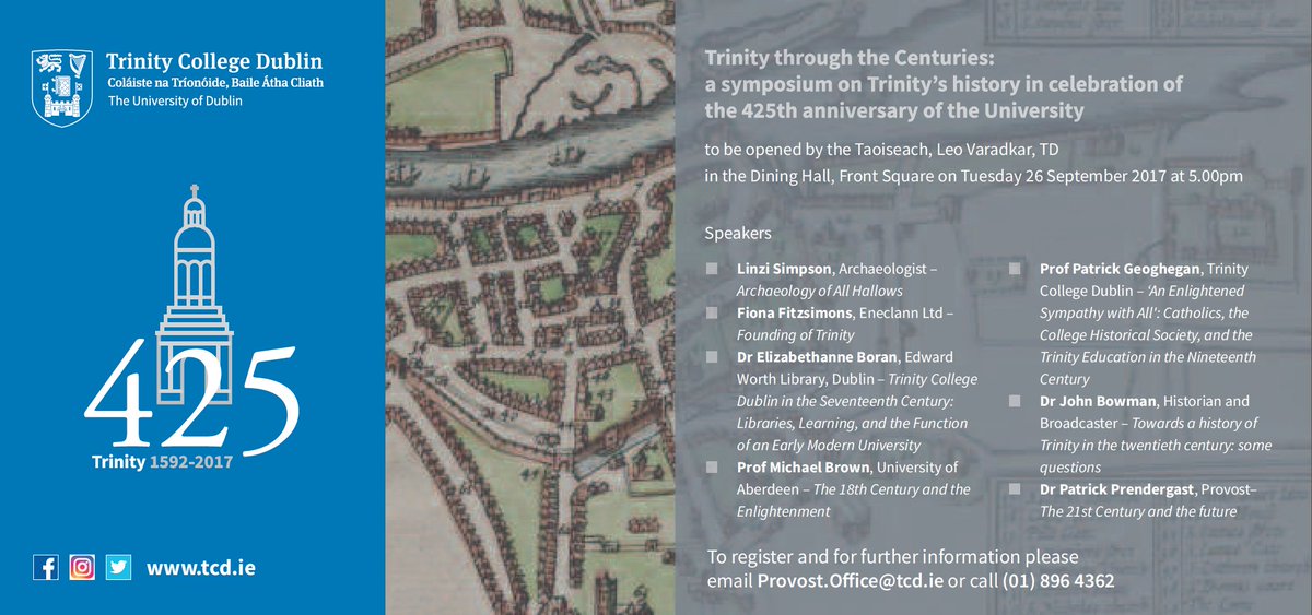 Taoiseach Leo Varadkar, T.D., to open the Trinity 425 symposium on Tuesday 26 September 2017