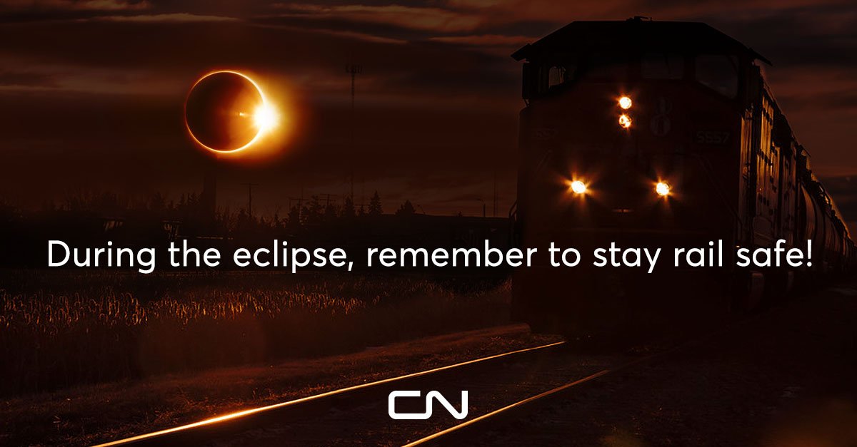 CNRailway's tweet photo. We hope everyone enjoys the #SolarEclipse today. Just remember to stay safe - especially around trains & tracks!
#TotalEclipse #EclipseTrain https://t.co/jQTpL1toNF