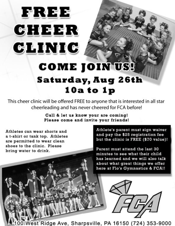 FcaGems's tweet photo. Free cheer clinic this Saturday in Sharpsville! https://t.co/gJA2DHEW6j
