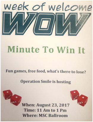 OSatUSF's tweet image. Come join Operation Smile for our WOW event for awesome Minute-to-Win-It games, and FREE FOOD on August 23 from 11am-1pm in the MSC Ballroom