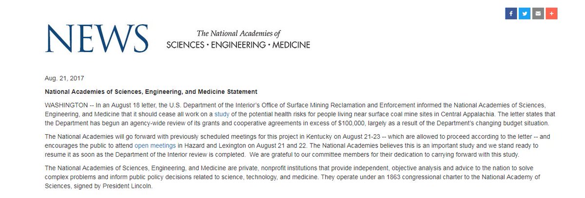 EricLiptonNYT's tweet image. NEWS: Trump's Interior Depart has ordered National Academy of Sciences to halt study of health risks/harm caused by mountaintop coal mining