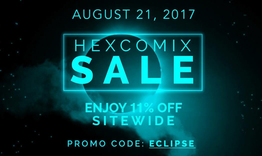 HexComix's tweet photo. Happy #SolarEclispe2017 friends! Celebrate by taking 11% off EVERYTHING in the #hexcomix store with code ECLIPSE! 😎🌞 https://t.co/Hs3vOdenud