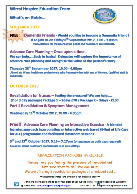 Take a look at what #endoflifecare #Training is taking place the next couple of months <a href="/wirralhospice/">Wirral Hospice St John's</a> <a href="/Jo_Hospice/">Jo Coulson</a> <a href="/wuthnhs/">Wirral NHS Hospitals - Arrowe Park & Clatterbridge</a> <a href="/NHSWirralCCG/">NHS Wirral CCG</a>
