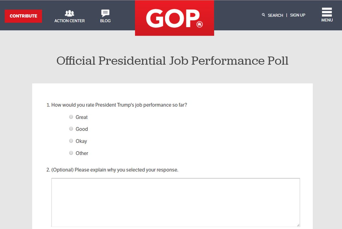 kenvogel's tweet photo. The RNC wants to know what you think of @realDonaldTrump job performance so far. Here are the choices: https://t.co/Jxwtzq6spS https://t.co/VSM0BLikXO