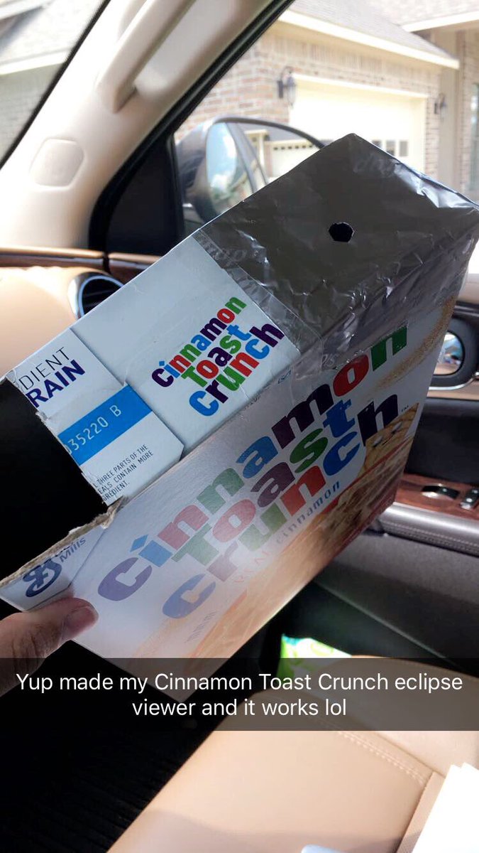 TaraTroberts1's tweet photo. Yup went old school #cinnamontoastcrunch #eclipseviewer #Eclipse2017 https://t.co/55O1WS3ndN