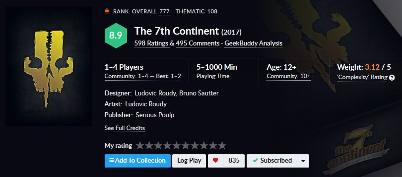 The 7th Continent ranked '777' on @BoardGameGeek goo.gl/c9oj4Z #funfact #EasyMode #ThisIsTheCurse