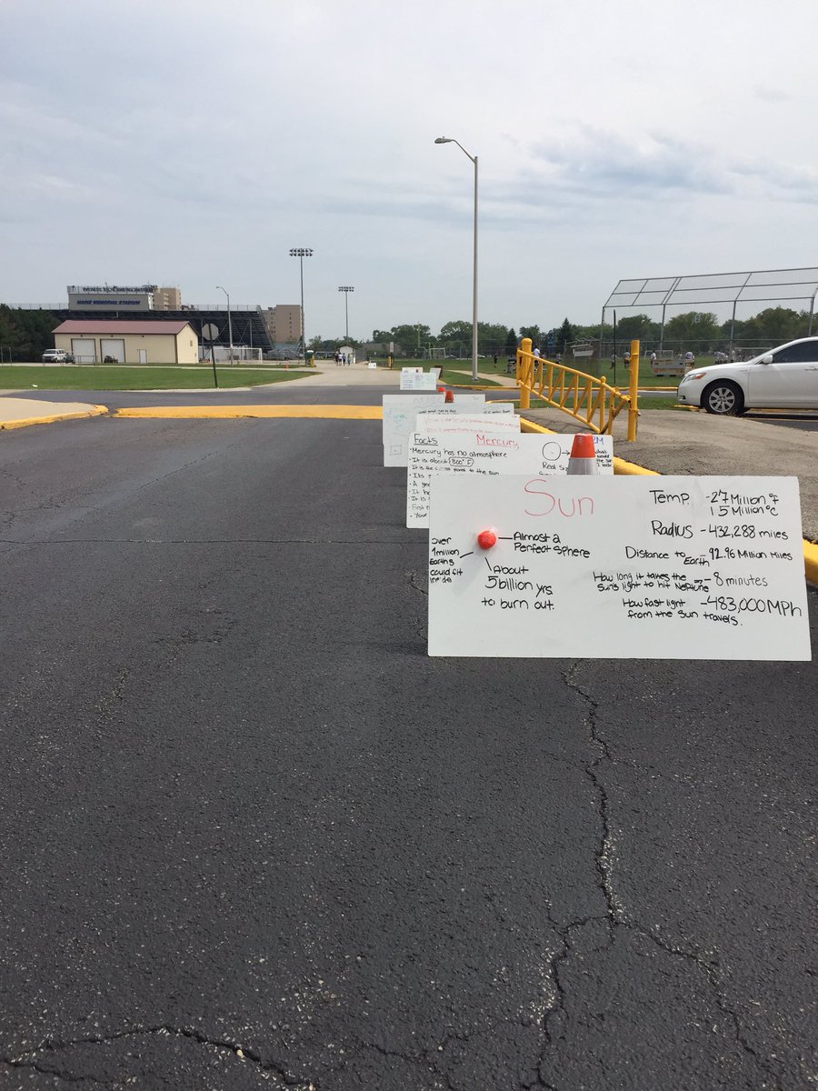 MeltonBiology's tweet photo. My students made a scale model of the solar system for the school wide viewing of the eclipse! #MEScience https://t.co/4hcWW3pDKX