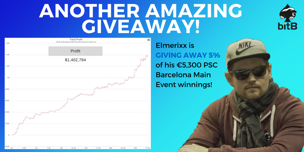 bitBstaking's tweet photo. #elmerixx is giving away 5% of his winnings from the PSC Barcelona €5,300 Main Event. Enter for FREE here: https://t.co/Xz76NZZNSC #giveaway https://t.co/0gvxUyJDKC